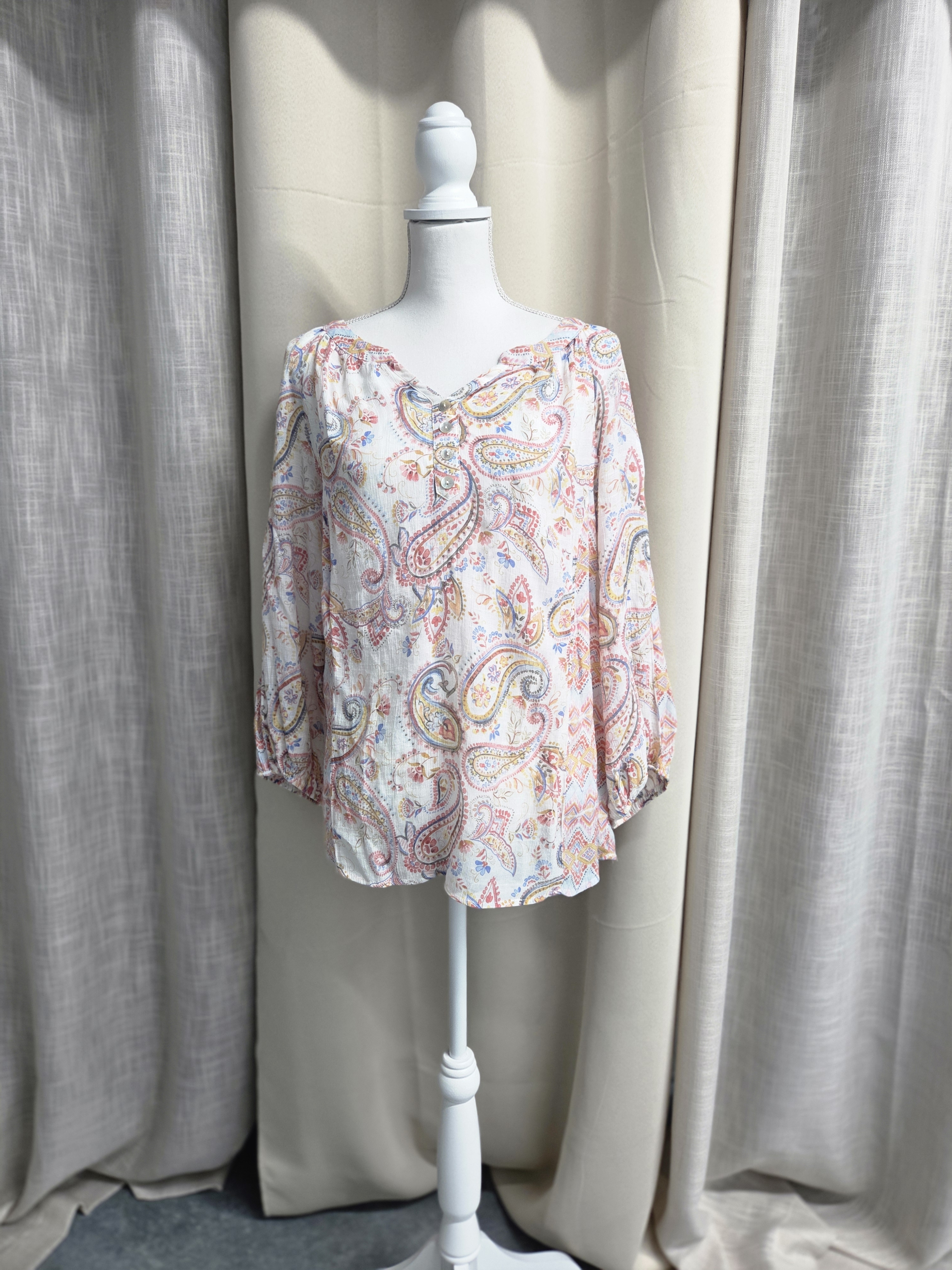 Zac & Rachel Cream Paisley V-Neck Long Sleeve Blouse Boho Festival Size 1x
